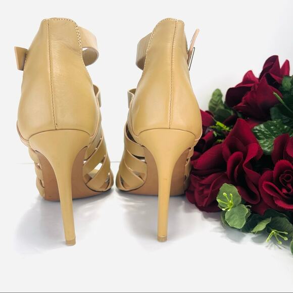 Aldo Strappy Stiletto Sandals/Booties Size 7.5 Tan Leather Open Toe High Heels - Picture 5 of 16